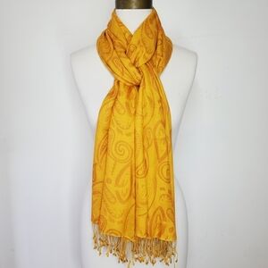 100% Silk 84x27" Scarf Wrap Nepal Abstract Paisley Fringe Saffron Orange Sarong